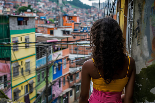 Woman in yellow gazes out at a favela maze, her curly silhouette framing the vivid tapestry of community life below.