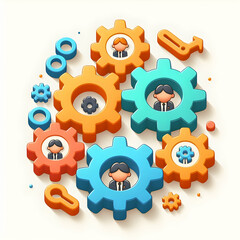 3D Flat Icon Productivity Flow Concept as Gears and Cogs in Seamless Operation with white background and isolated cute cartoon