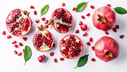 Pomegranate and sliced ​​pomegranates on a white background.