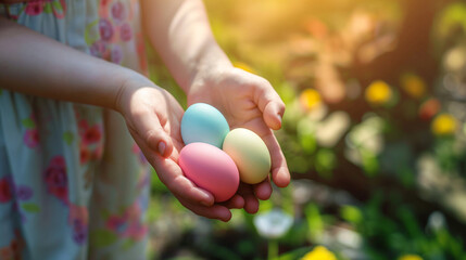 Easter eggs in a woman's hand. Hands holding colored dyed Easter eggs
