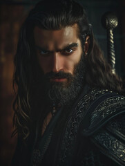 portrait of handsome man with sword - fantasy painting illustration - generative ai