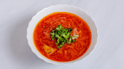 Ukrainian borsht bowl top view