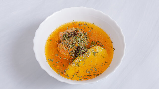 Kufta bozbash soup bowl isolated. Azerbaijani meatball soup