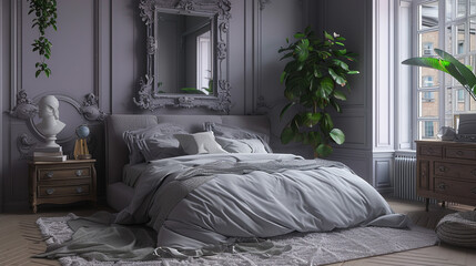 Unwinding in a Living Room Haven with Bed and Mirror with green plant in vase 
