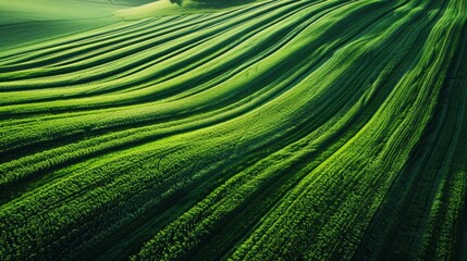 Aerial view of endless lush pastures and farmlands . Beautiful countryside with emerald green fields and meadows. Rural landscape on sunset. - obrazy, fototapety, plakaty