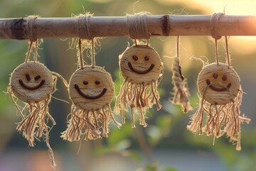 A set of realistic, frayed rope smileys hanging from a miniature rustic wooden frame, with each thread captured in stunning detail against a softly blurred natural background. - obrazy, fototapety, plakaty