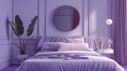  Refined Relaxation: Elegant Living Room Setting with Bed and Wall Mirror purple color wall paint 