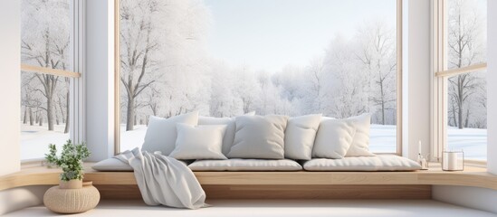 Side window seat in a white room with a wooden seat decorated with numerous pillows and large windows offering a view of nature.
