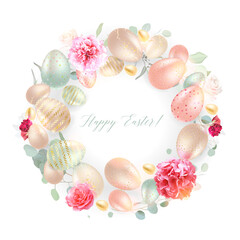 Pastel and gold Easter eggs vector design wreath. Sage, peachy and magenta tones