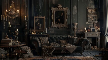 A dark, Victorian gothic styled living room with rich velvety textures, antique furniture, and an array of classic oil paintings and candelabras.