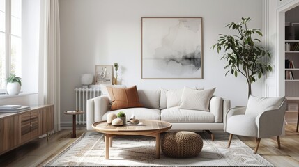 Modern minimalist living room with a comfortable white sofa, warm wooden accents, and soft natural lighting complementing a calm color scheme.