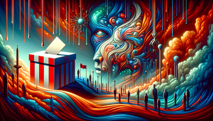 American Elections and Political Influence: Surreal Illustration of Voting and Decision-Making.