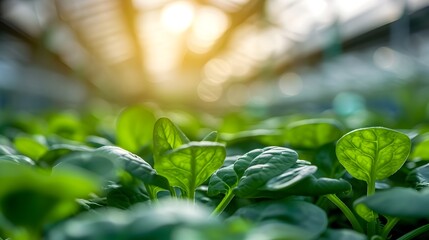 Spinach Growing in a Greenhouse with Sunlight Rays - obrazy, fototapety, plakaty