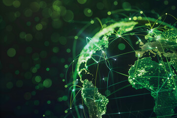 A translucent globe with green continents, surrounded by glowing digital networks, floating against...
