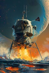 Spacecraft landing on moon, panda pilot, sunrise horizon, dramatic angle, cartoon animation