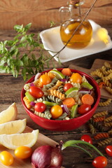 salad, pasta, tomato, olive oil, lemon