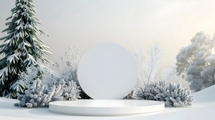 Minimalist Snowy Winter Stage Backdrop with White Pedestal - obrazy, fototapety, plakaty