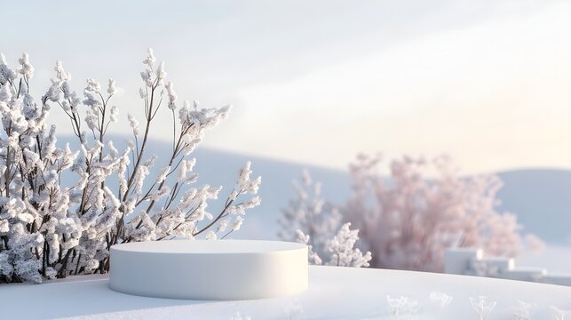 3D Rendered White Plastic Circle in Winter Landscape