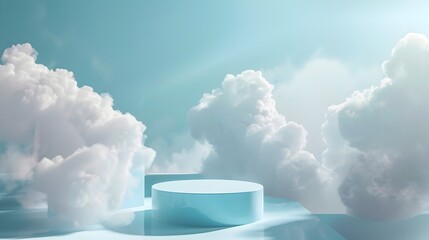 Minimalist Stage Design with Clouds and White Object
