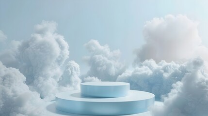 White Podium Floating on Clouds in Dreamlike Sky