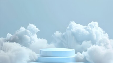 Minimalist White Podium Floating on Clouds with Blue Sky