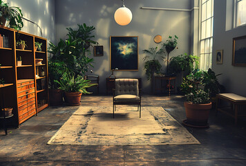 Interior of a home with chair and plants. Created with Ai