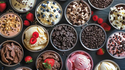 Ice cream toppings galore, a treasure trove of choices, from chocolate chips to fresh fruit. - obrazy, fototapety, plakaty