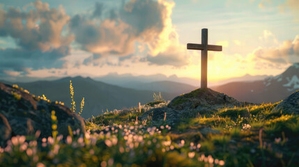 The cross standing on meadow sunset and flare background. Cross on a hill as the morning sun comes up for the day. The cross symbol for Jesus Christ. Easter background concept and The crosses sign.	
