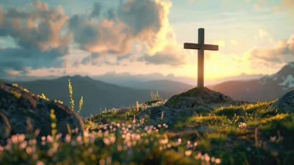 Fotobehang The cross standing on meadow sunset and flare background. Cross on a hill as the morning sun comes up for the day. The cross symbol for Jesus Christ. Easter background concept and The crosses sign.  © Rapee