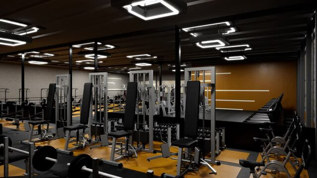 Interior Gym'S Area With Modern Gym In 3D Render Animation. Excesie Equipments With Modern Design. 3D Visualization