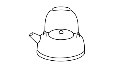 Hand drawn cute outline illustration of kettle. Flat vector outdoor cooking on fire tool sticker in line art doodle style. Tourism boiling water icon. Making tea or coffee. Adventure, hiking. Isolated