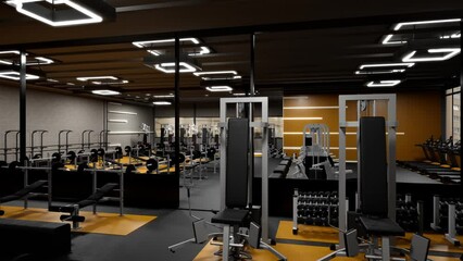Interior Gym'S Area With Modern Gym In 3D Render Animation. Excesie Equipments With Modern Design. 3D Visualization