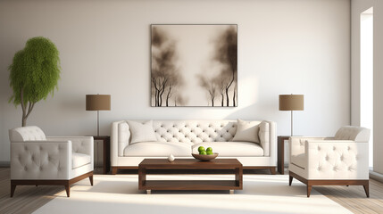 Contemporary Living Room with Elegant White Sofa, Classic Armchairs, and Artistic Wall Decor, Chic Styling