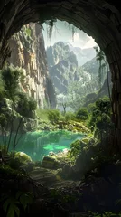Papier Peint photo Mont Cradle Fantasy Cave Entrance with Lush Vegetation Overlooking Emerald Lake in Mountainous Landscape