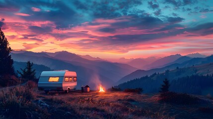 Retro Caravan at Alpine Sunset Campfire Overlooking Mountain Valley - obrazy, fototapety, plakaty