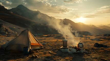 Serene Outdoor Camping Scene in the Golden Hues of a Mountain Sunset, Evoking Adventure and Tranquility - obrazy, fototapety, plakaty