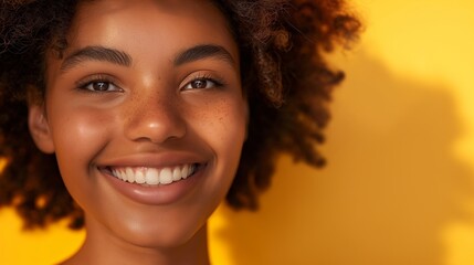A close-up of a girl model's smiling face, with natural sunlight creating a warm glow on her features, set against a golden-yellow background.