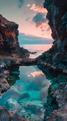 Sunset Lagoon in Volcanic Crater, Natures Untouched Treasure - obrazy, fototapety, plakaty