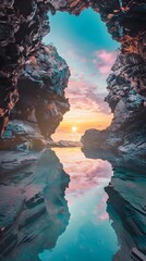 Sunset Sky Reflections in Heart-Shaped Sea Cave at Isolated Beach, Landscape Photography