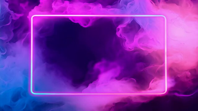 Abstract minimal concept. Neon illuminated pink and blue soft clouds smoke sky background flowing with glowing rectangular frame. Mock up template product presentation. banner clip mov 4K HD motion	
