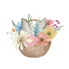 Watercolor Easter basket with spring flowers, rabbit ears on white background. Hand drawn illustration - 758977669
