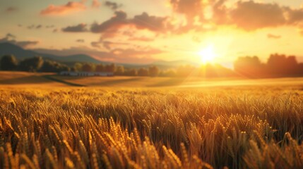 A field of wheat with the sun setting in front, AI