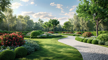 Fototapeta premium A stone pathway winds through a lush public garden with trimmed hedges and green trees during a bright sunny day for landscaping design projects.