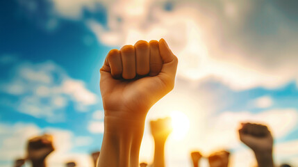 People raised fist air fighting for their rights with sunlight effect, labor movement, election movement, copy space. Labor day concept. 