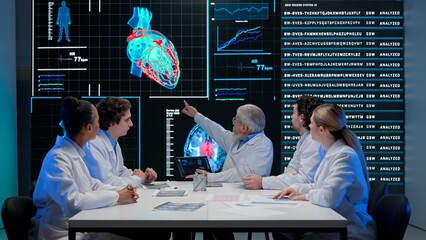 Pharmaceutical research company planning. Multiethnic doctors and scientists having meeting with heart diagnosis data visual graphic on big digital screen. - obrazy, fototapety, plakaty