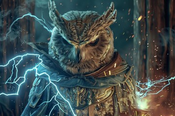 Naklejka premium 3D rendering of a fairy tale scene with an owl-human hybrid clad in lightning armor