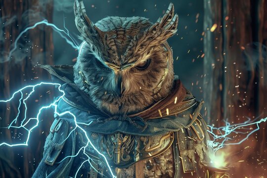 3D rendering of a fairy tale scene with an owl-human hybrid clad in lightning armor