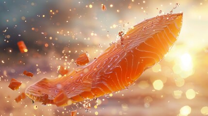 A realistic 3D-rendered salmon slice falls like a meteorite under the sun - obrazy, fototapety, plakaty