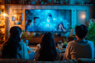 Family Bonding: Asian Household Watching TV Series and Movies, Enjoying Evening Together on Living Room Sofa - obrazy, fototapety, plakaty