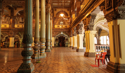 Interior view of Mysore Palace, Indian Traditional Architecture of Mysore Royal Palace Inside or view, Travel and tourism concept image, Tourist place to visit in Karnataka, India. - obrazy, fototapety, plakaty